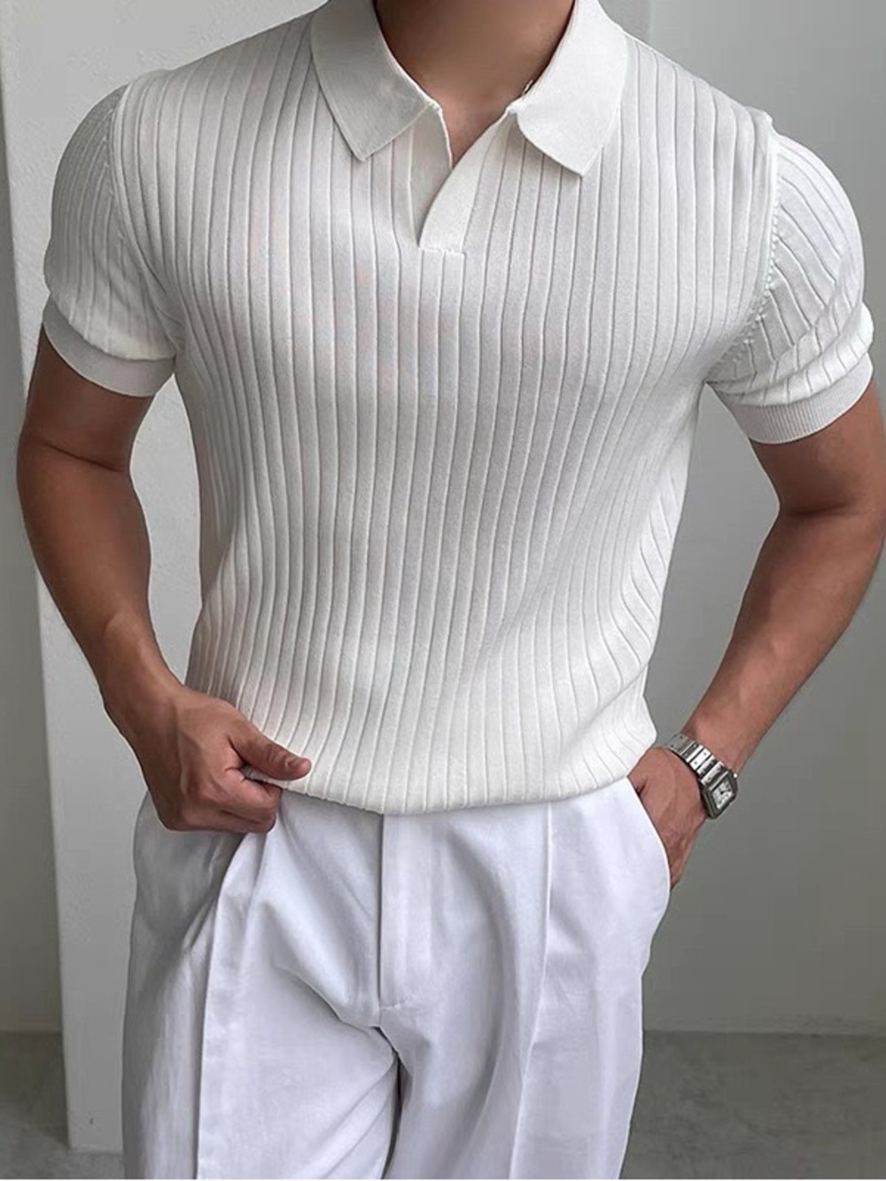 Men's White Ribbed Polo Knit Shirt – Slim Fit